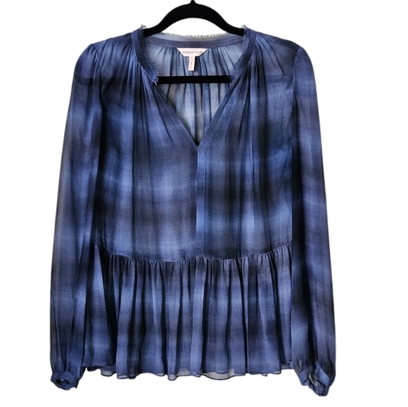 Rebecca Taylor Blue Silk Plaid Sheer V Neck Ruffle Blouse size 2 - Picture 1 of 5